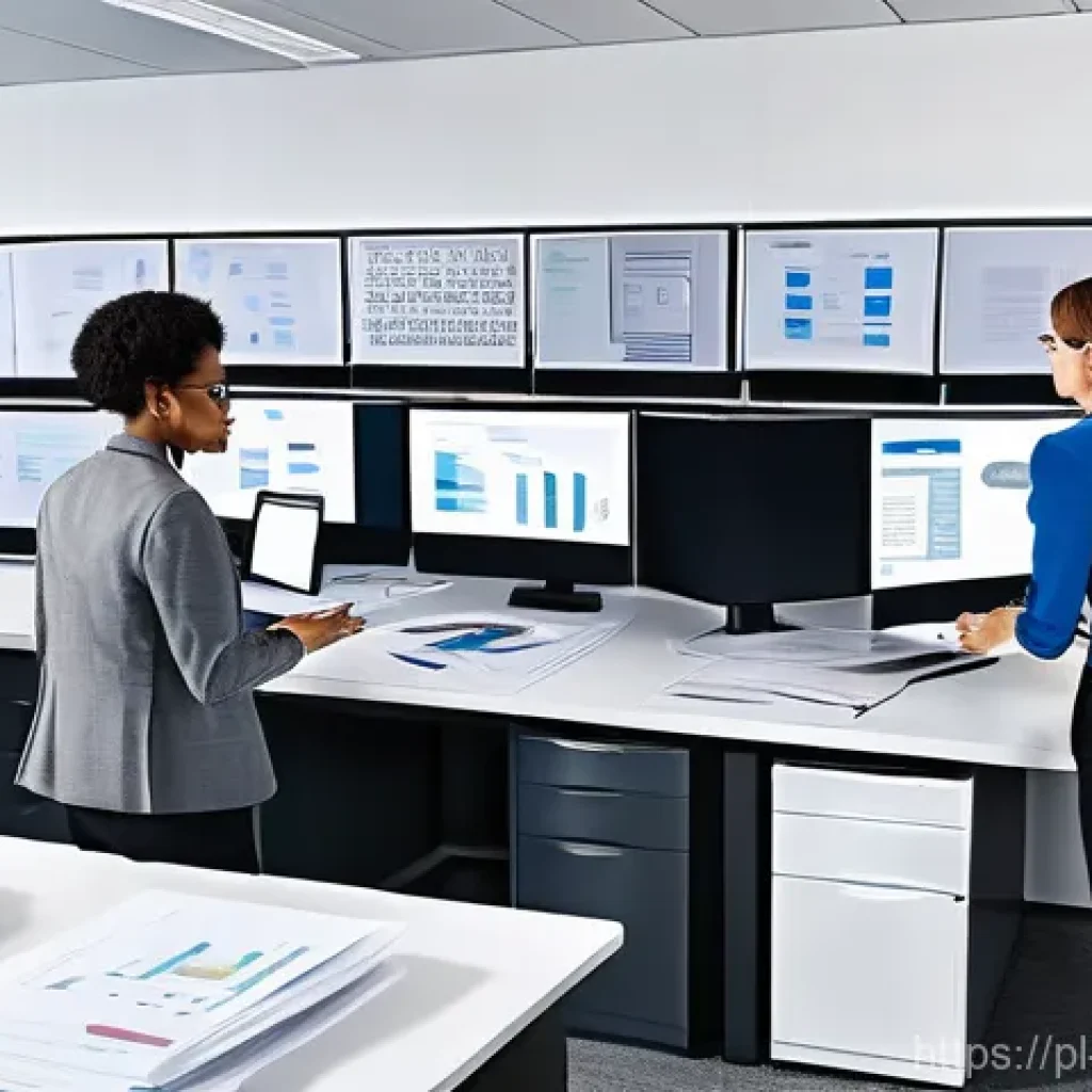 효율적인 지식 공유를 위한 시스템 설계 - A split image depicting the evolution of knowledge management. On the left, a chaotic office scene w...