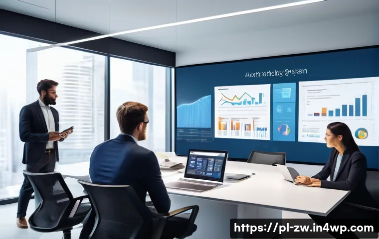 지식 구조화 시스템의 트렌드와 전망 - A modern corporate office environment showcasing a diverse team of professionals collaborating seaml...