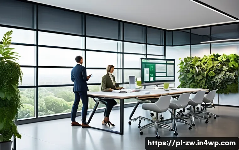 지식 구조화 시스템의 성공 사례 연구 - A modern office environment showcasing a diverse team of professionals collaborating around a large ...