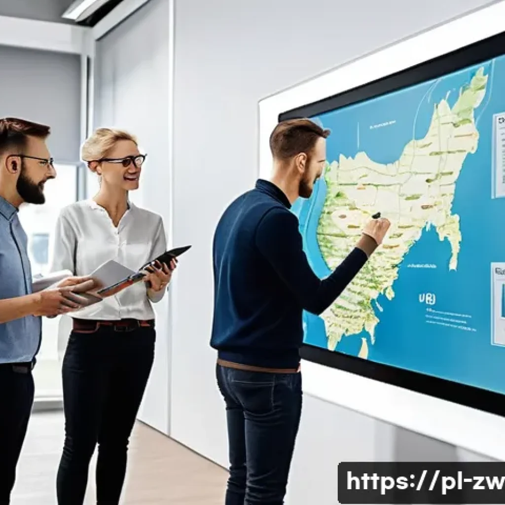 지식 구조화 시스템의 수명 주기 - A modern Polish office environment with diverse team members collaborating around a large digital to...