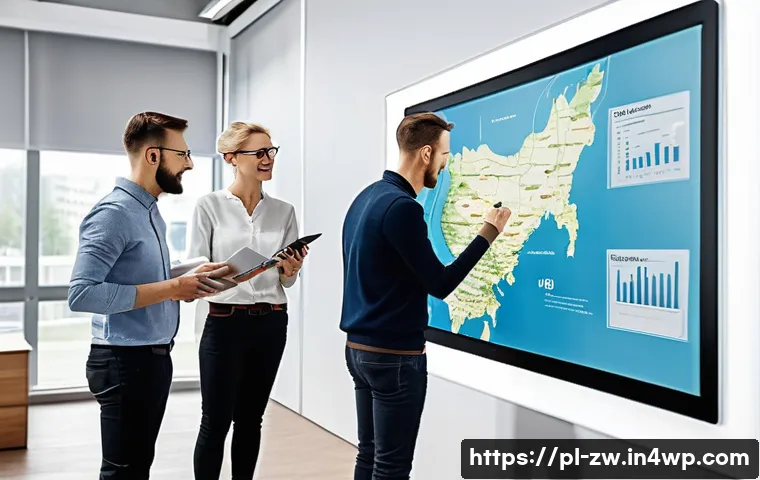 지식 구조화 시스템의 수명 주기 - A modern Polish office environment with diverse team members collaborating around a large digital to...