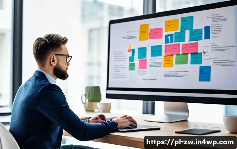 우수한 지식 구조화 사례 분석 - A modern workspace scene featuring a young Polish professional organizing a complex project using a ...