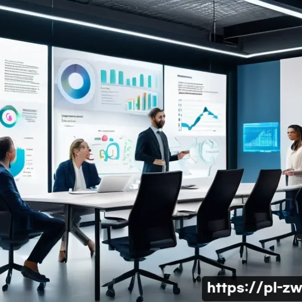지식 관리 시스템의 성공 요인 - A modern office scene showing a diverse team of professionals in business casual attire gathered aro...