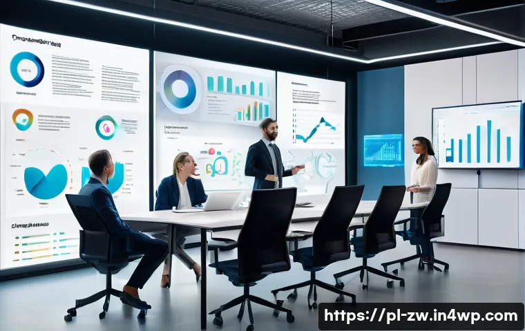 지식 관리 시스템의 성공 요인 - A modern office scene showing a diverse team of professionals in business casual attire gathered aro...