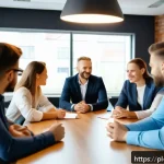 Home 18 조직 내 지식 공유 문화 형성하기 - A modern office meeting room with a diverse Polish team gathered around a large table, engaged in an...