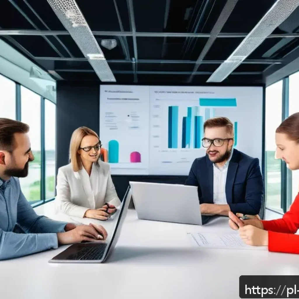 팀워크 향상을 위한 지식 구조화 전략 - A modern office scene with a diverse Polish team engaged in a lively meeting around a large conferen...