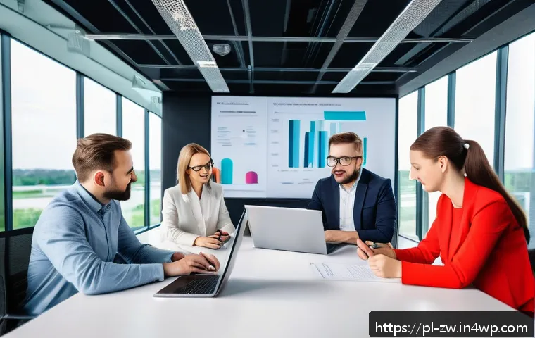팀워크 향상을 위한 지식 구조화 전략 - A modern office scene with a diverse Polish team engaged in a lively meeting around a large conferen...